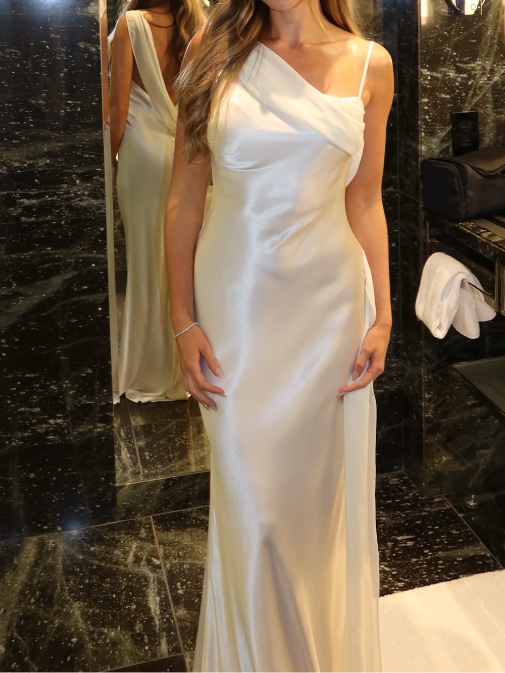 Arcina Ori Backless Ivory Satin Slip Dress with Draped Strap - Picture 3 of 3